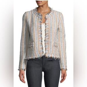 TORY BURCH HOLLIS LINEN BLEND FRINGE TWEED CARDIGAN JACKET Size S Ivory